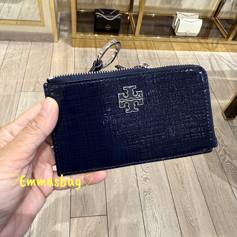 Tory Burch Britten Zip Card Case 175833 Saffiano Embossed Patent Leather $160